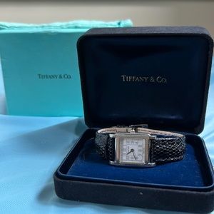 Tiffany & Co Vintage Silver S/S Women’s  Swiss Made Tank Watch BLk Lizard Strap